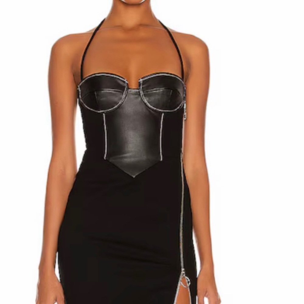 STAUD Hindley Faux Leather Corset Halter Neck Exposed Zipper Black Midi Dress - Picture 8 of 16